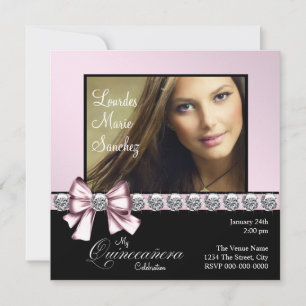 Elegant diamant rosa båge foto Quinceanera Inbjudningar