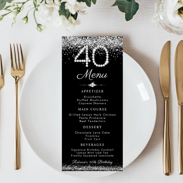 Elegant Diamanter 40:e födelsedag, platta meny (Diamonds 40th Birthday Party Menu Card)