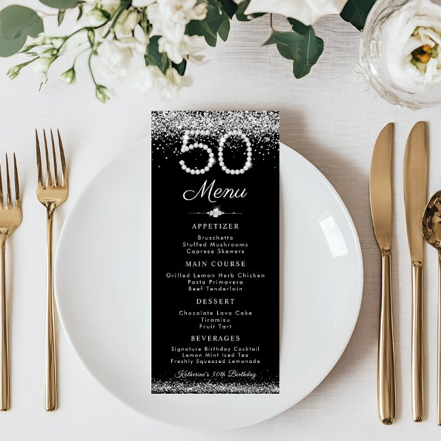 Elegant Diamanter 50:e födelsedag, platta meny (Elegant Diamonds 50th Birthday Menu Card)
