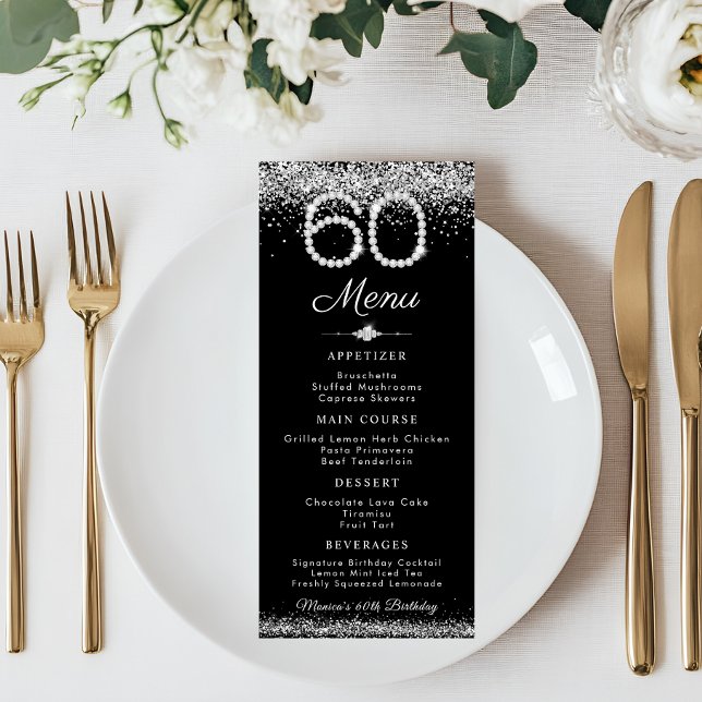 Elegant Diamanter 60:e födelsedag, platta meny (Black and Silver Diamonds 60th birthday Menu card)
