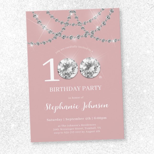 Elegant Diamanter  Rosa 100:e födelsedag Inbjudningar (Elegant Diamonds Blush Pink 100th Birthday Invitation)