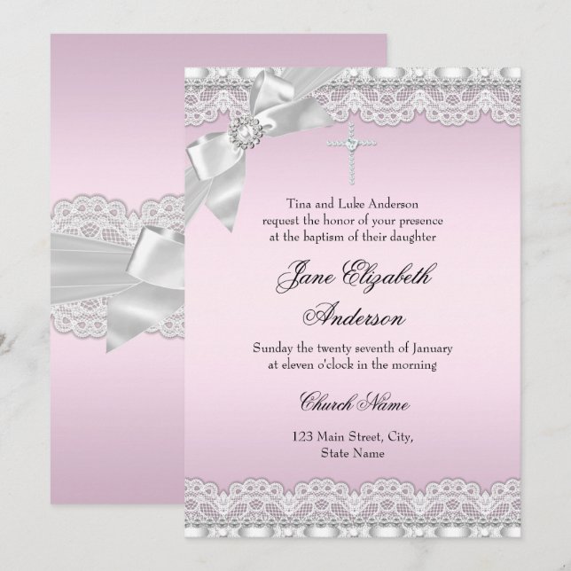 Elegant diamantspets rosa dopinvitation inbjudningar (Fram/baksida)