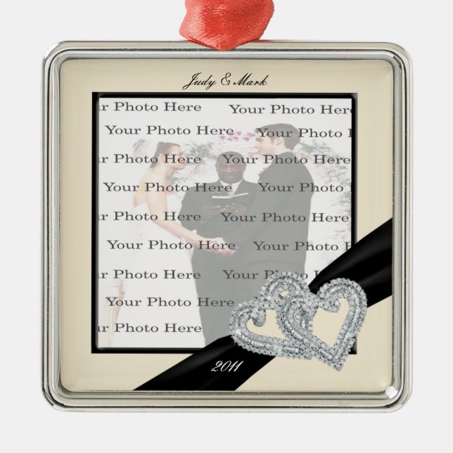 Elegant Diamond Black Ribbon SilverSquare Ornament (Framsidan)