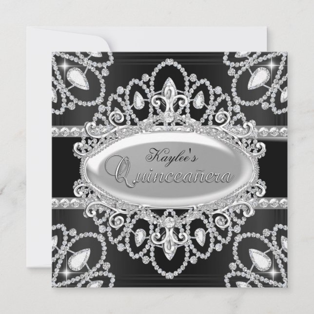 Elegant Diamond Black & Silver Quinceanera Inbjuda Inbjudningar (Framsida)
