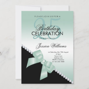 Elegant Diamond Bow, Aqua Marine & Black Birthday Inbjudningar