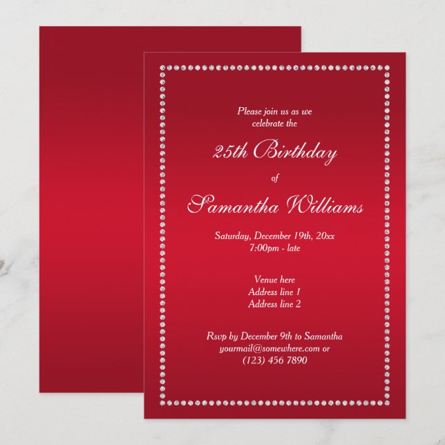 Elegant Diamond Framed Red Birthday Inbjudningar (Fram/baksida)