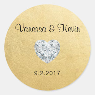 Elegant Diamond Heart Guld Bröllop Gift-favoriter Runt Klistermärke