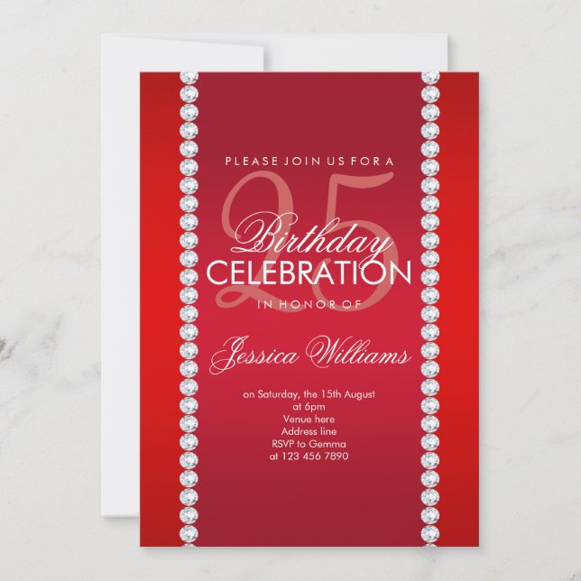 Elegant Diamond Jeweled Ruby Red Birthday Inbjudningar (Framsida)