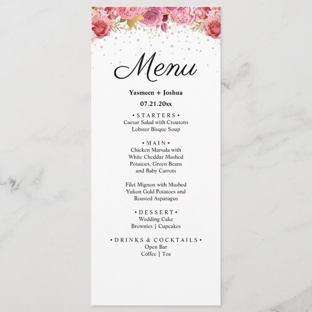 Elegant Diamond och Rosa Blommigt Bröllop Menu Meny (Framsida)