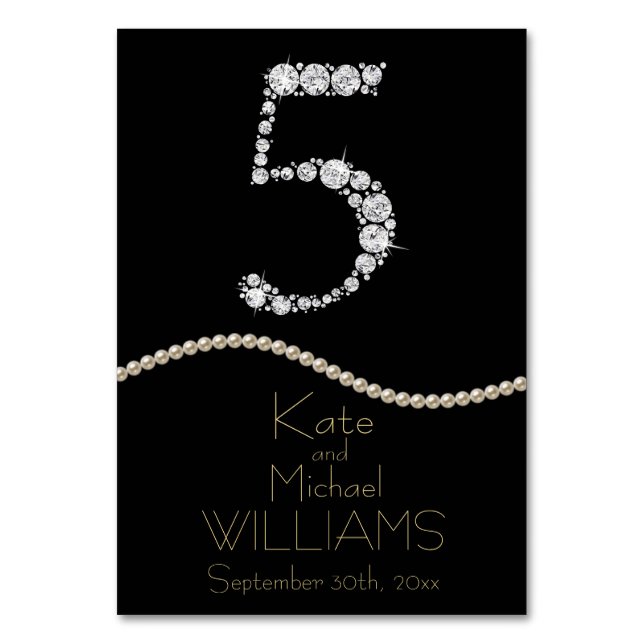 Elegant Diamond/Pearl BRÖLLOP BORD-kort Bordsnummer (Framsidan)