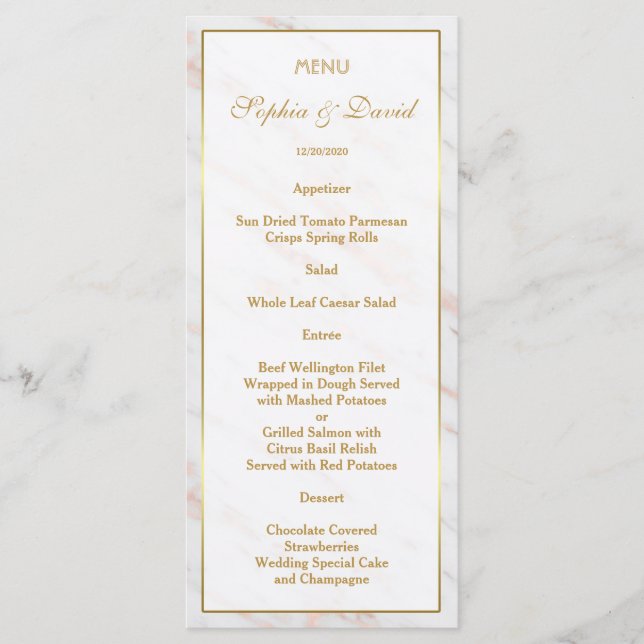 Elegant Diamond Ro Guld Marble Bröllop Meny (Framsida)