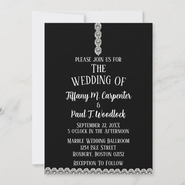 Elegant Diamond String Black & White Bröllop Inbjudningar (Framsida)