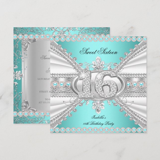 Elegant Diamond Teal Sweet 16 Sexton Party A Inbjudningar (Fram/baksida)