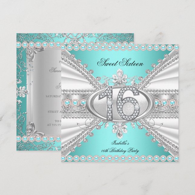 Elegant Diamond Teal Sweet 16 Sexton Party Inbjudningar (Fram/baksida)
