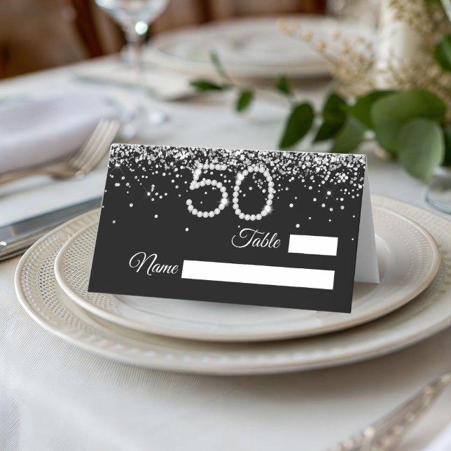 Elegant Diamonds 50-årsfirande Platskort Placeringskort (Black and silver 50th Birthday party place card)