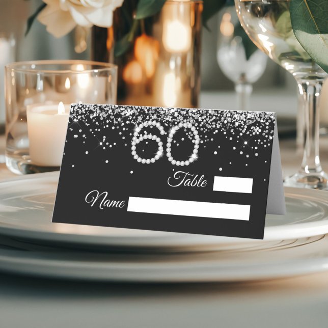 Elegant Diamonds 60-årsfirande Plats Kort (Black and silver 60th Birthday party place card)