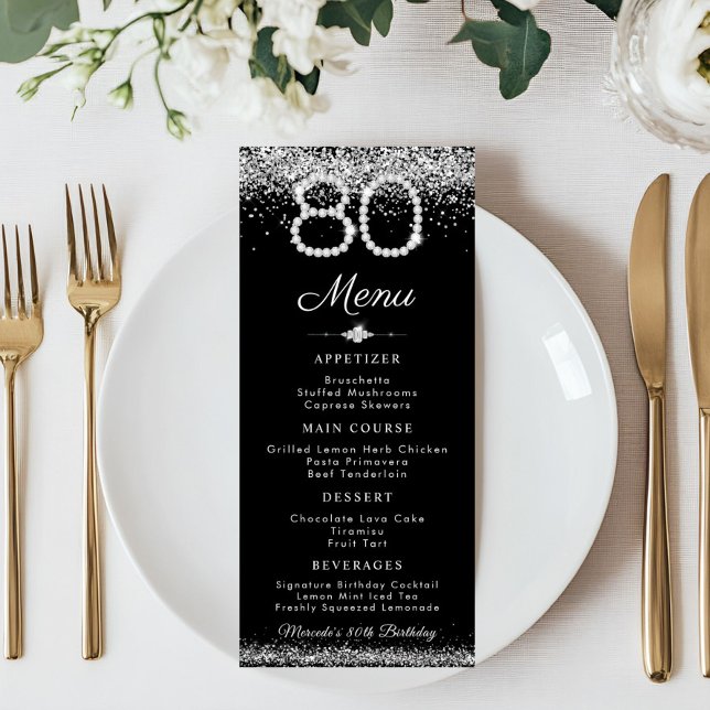 Elegant Diamonds 80:e födelsedag, platta meny (Silver Diamonds 80th birthday Menu Card)
