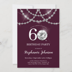 Elegant Diamonds Burgundy 60:e Födelsedagsfesten Inbjudningar