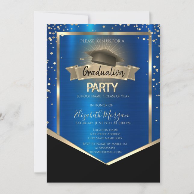 Elegant Diamonds Grad Cap Blue Metallic Graduation Inbjudningar (Framsida)