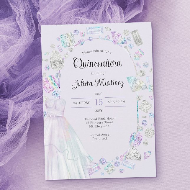 Elegant Diamonds Princess Gown Lilac Quinceanera Inbjudningar (Light purple quinceanera invitation template with princess ball gown ..)