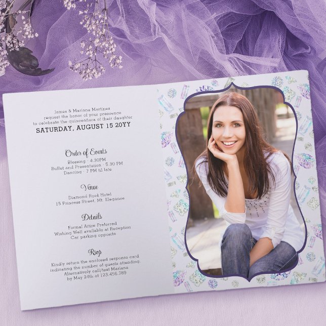 Elegant Diamonds Princess Quinceanera Photo Folded Inbjudan (Formal quinceanera invitation with a photo of the quince and plenty of room for all the deets)