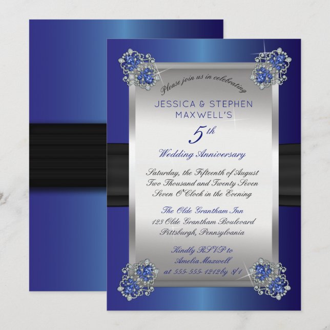 Elegant Diamonds Sapphires Blue 5-årsdag Inbjudningar (Fram/baksida)