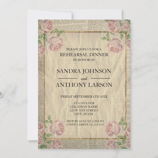 Elegant Dictionary Print och Ro Rehearsal Inbjudningar (Framsida)