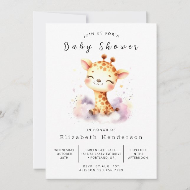 Elegant Digital Giraffe Baby Shower Inbjudningar (Framsida)