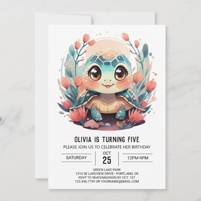 Elegant Digital Turtle Girl Birthday Inbjudningar (Framsida)