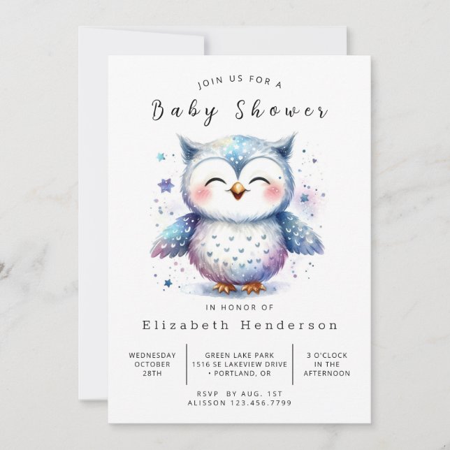 Elegant Digital Uggla Baby Shower Inbjudningar (Framsida)