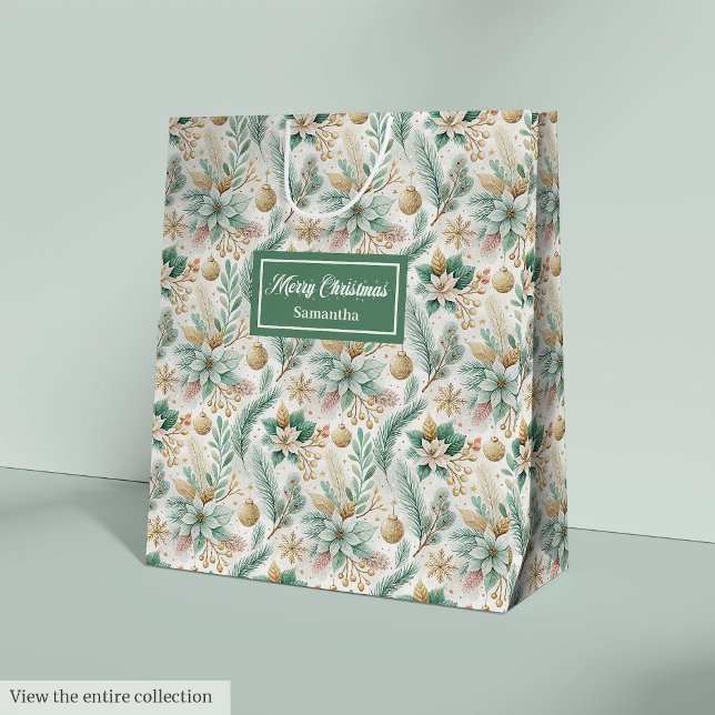 Elegant Dillgrön Presentpåse med Julblommor (Dill Green Gift Bag Elegant Christmas Floral Accent)