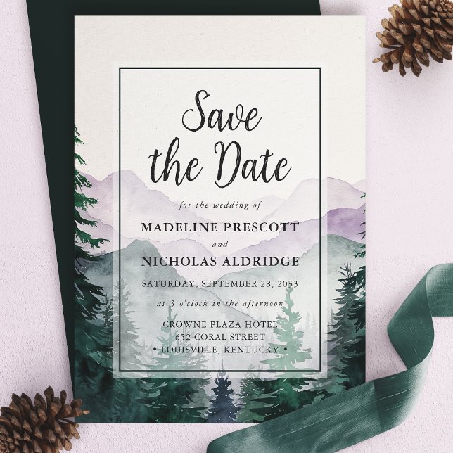 Elegant dimmig skog i bergen Spara datum-kort Inbjudningar (Skapare uppladdad)