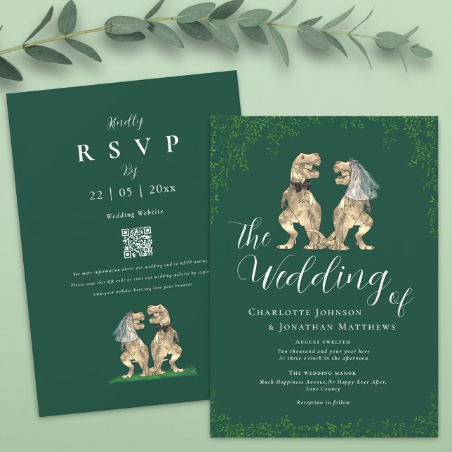 Elegant Dinosaur Grön Bröllops QR-kod Inbjudningar (T-Rex bride and groom funny dinosaur green and white wedding qr code invitation)