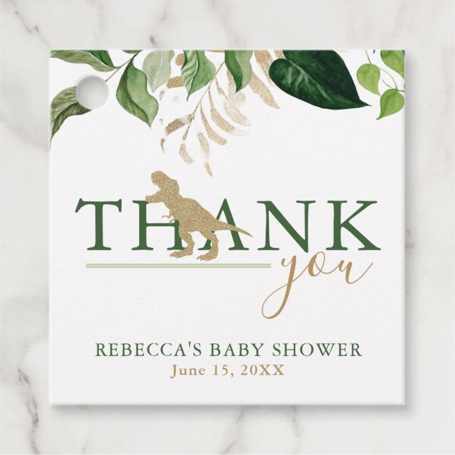 Elegant Dinosaur Grönt och Guld Baby Shower Gåvor Etiketter (Framsida)