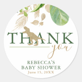 Elegant Dinosaur Grönt och Guld Baby Shower Runt Klistermärke