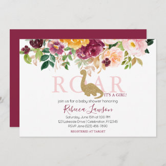 Elegant Dinosaur Rosa & Maroon Flicka Shower Inbjudningar