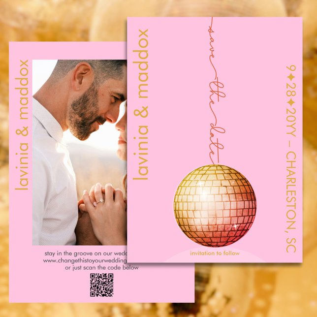 Elegant Disco Boll Photo Rosa Guld QR-koden Bröllo Spara Datumet (Elegant disco  pink and gold save the date with photo and QR code)