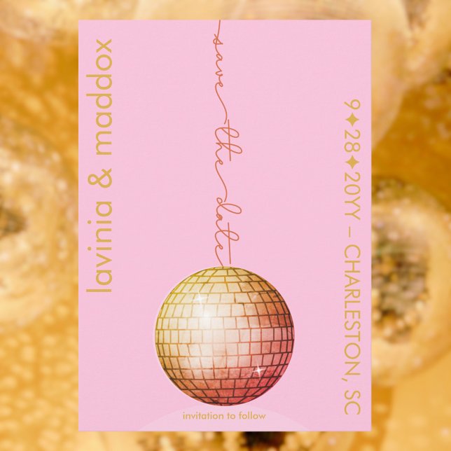 Elegant Disco Boll Rosa Guld Bröllop QR-kod Spara Datumet (Elegant Disco Ball Pink Gold Wedding Save the Date with beautiful typography)