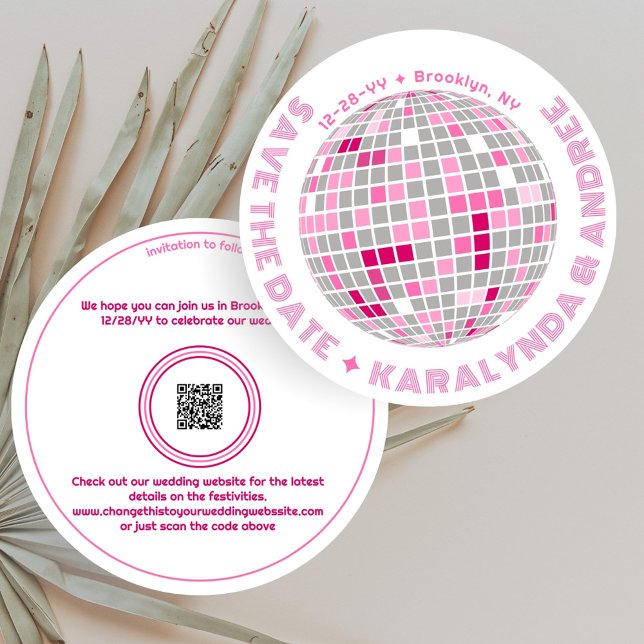 Elegant Disco Boll Rosa Vitrundan Bröllop Spara Datumet (Round disco ball save the date with pink and red accents.)