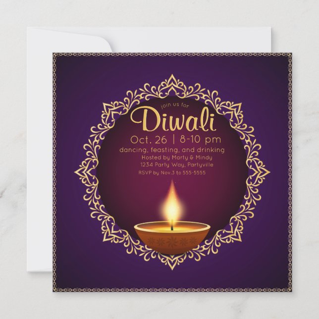 Elegant Diwali Diyas Lila Inbjudningar (Framsida)