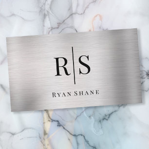 Elegant DIY Black Monogram & Namn, Brushed Silver Visitkort
