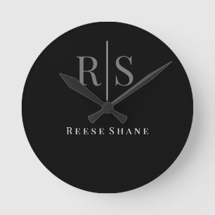 Elegant DIY grå monogram & vit namn, svart Rund Klocka