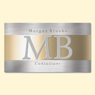 Elegant DIY Monogram Namn, Brushed Steel & Guld Magnetiska Visitkort
