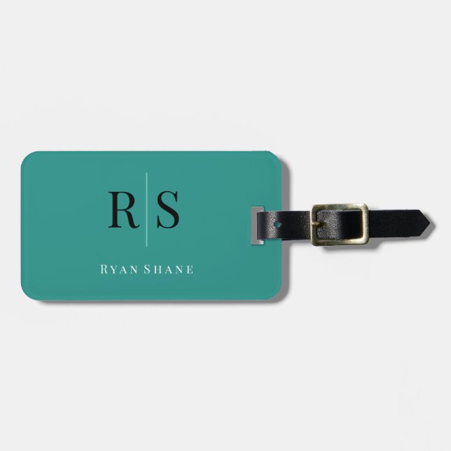Elegant DIY Monogram Namn & Info, Teal Black White Bagagebricka (Horisontell Framsida)
