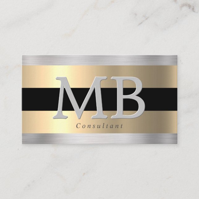 Elegant DIY Monogram, Yel Guld Brushed Steel Black Visitkort (Framsida)