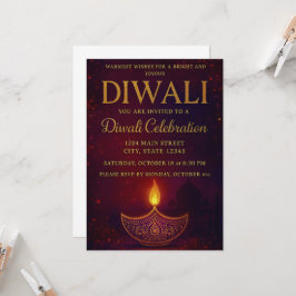 Elegant Diya & Guld Script Diwali Firande Inbjudningar
