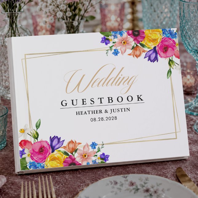 Elegant djärv färgrik akvarell blommande bröllop gästböcker (Skapare uppladdad)