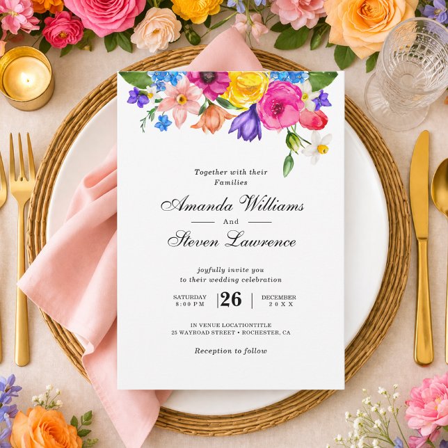 Elegant Djärv Färgrik Akvarell Blommig bröllop Inbjudningar (Skapare uppladdad)