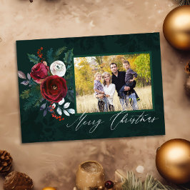 Elegant Djup Grönt, Blommigt "God jul" Foto Inbjudningar