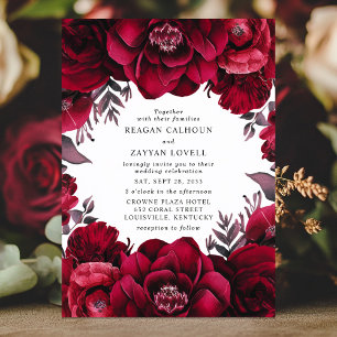 Elegant djup karmosinröd blomsterromantisk bröllop inbjudningar